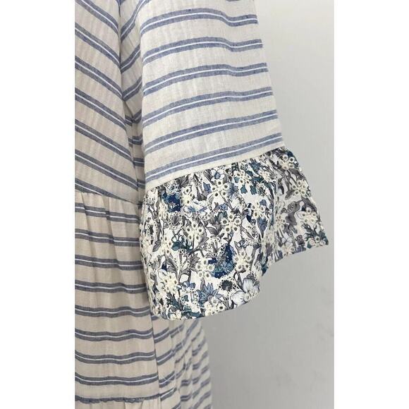 Voy Dress White & Blue Striped & Blue Floral Eyelet Lace V Neck Women’s Sz M NWT - Picture 9 of 13